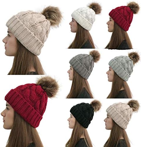 GREFER-Women Winter Knitted Beanie Шапка with Faux Fur Pom - Топло Вязаная Шапчица с Черепа за Жени