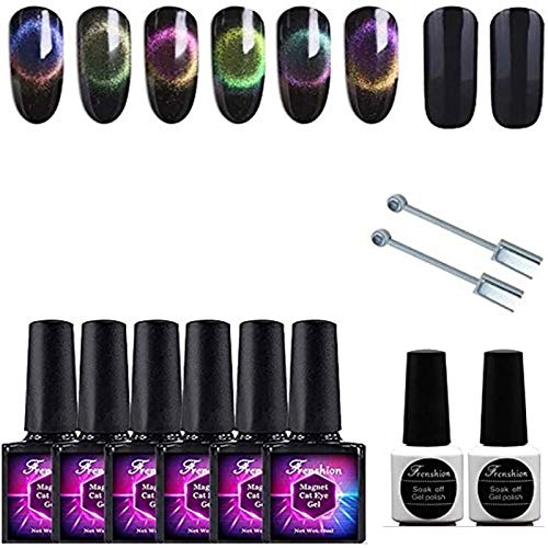 Frenshion 6Pcs 9D 10ML Magnetic Gel Soak-off UV LED Cat Eye Color Nail Gel Polish with 2X Double Point Magnet and 7.3