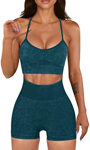 OQQ Workout Outfit for Women 2 Piece Seamless Acid Wash High Waist Shorts With Sports Bra Exercise Set