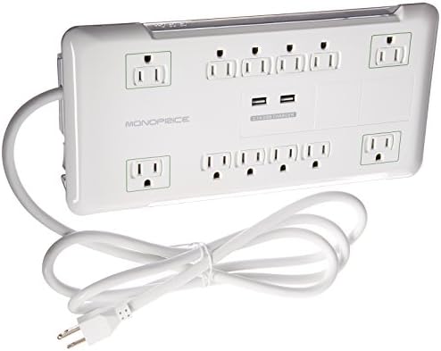 Monoprice Power & Surge - 12 Outlet Surge Protector Power Strip with 2 Built in 2.1 A USB Charger Ports - 6 Feet - White