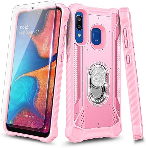 E-Begin Case for Samsung Galaxy A20, A30/A50/A30s/A50s with Tempered Glass Screen Protector, Aluminum Magnetic Metal Built-in Diamond Ring Stand Holder, Full-Body Protective Phone Case -Синьо -