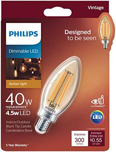 Philips LED Amber Glass B11 Dimmable Vintage Filamant Крушка: 300 лумена, 2000 Кельвинов, 4,5 W (еквивалент на 40 W),