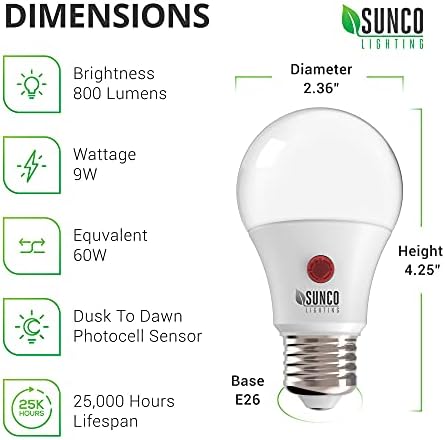 Sunco Lighting Pack 2 A19 LED Bulb with Здрач-to-Dawn, 9W=60W, 800 LM, 4000K Cool White, Auto On/Off Photocell Sensor