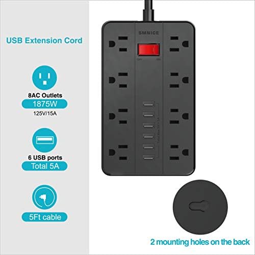 Power Strip with USB,SMNICE Surge Protector with 8 AC Outlets & 6 USB Ports (5V/5A) _BOS_ 1875W/15A, удължителен кабел
