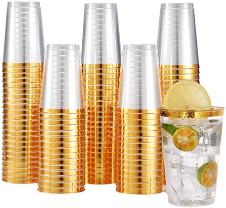 100 Златни ОПАКОВКИ Пластмасови Чаши,12 Унции Прозрачни Пластмасови Чаши, Елегантни Пластмасови Чаши В Златна Рамка, Чаши