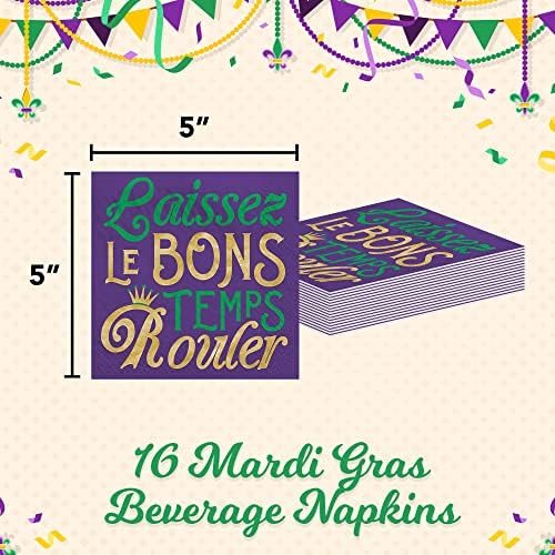Amscan Mardi Gras Комплект кърпички за напитки - 32 броя в 2 дизайнах - Fleur De Lis in Gold, Purple, Green, and Yellow-New Orleans Drinks Party Доставки Еднократна Набор от