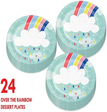 Rainbow Party Supplies - Прибори и бижута (Over The Rainbow Clouds & Капки Shower with Love Кръгли хартиени десертни чинии,