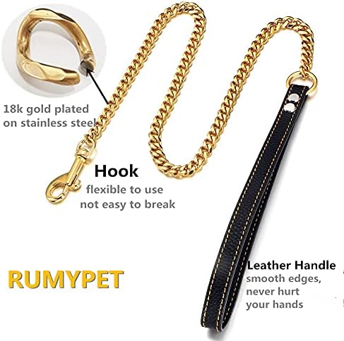 RUMYPET 18K Gold Dog Chain Leash 11 MM/15MM Solid Ivan Proof 316L Stainless Steel Cuban Link Chain with Smooth Leather