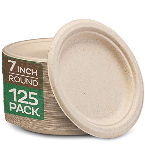 Компостируемые 7-инчов хартиени чинии [125-Pack] Сверхпрочная Плоча, Естествена за Еднократна употреба Багассовая