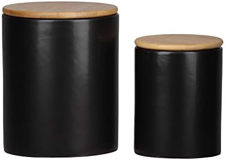 Оцветен кръгла керамична кутия Benjara с дървен капак черен и кафяв цвят