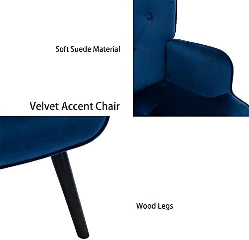Dolonm Velvet Accent Chair Modern Tufted Button Wingback Vanity Chair with Arms Осеян с Висока Облегалка Бюро Стол с Крака от Масивна Дървесина за Спални Хол Зала на готовност (Тъмно синьо)
