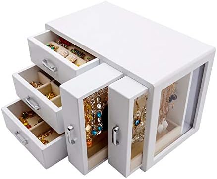 DLRUIHENGXIANGMU Дървена Многопластова Ковчег За Бижута Обеци Витрина Кутия със Стъклен Капак Кутия За Съхранение на Пръстен
