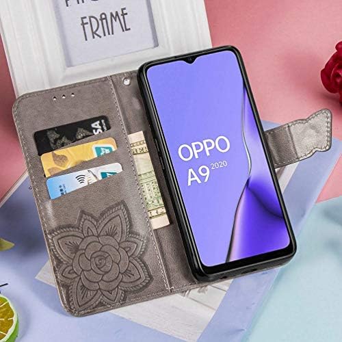 LEMORRY Butterfly Case for Oppo A5 (2020) / Oppo A9 (2020 Г.) Case Leather Flip Портфейла Pouch Slim Fit Bumper за Защита на Magnetic Strap Stand Card Slot Soft TPU Cover for Oppo A5, A9 (2020 г.), сиво