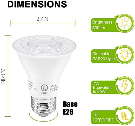 7W Par20 LED Bulb (еквивалент 50W), UL Listed, 5000k Daylight White Dimmable Flood Bulbs Светлини, 500 Lumens, E26 Base,