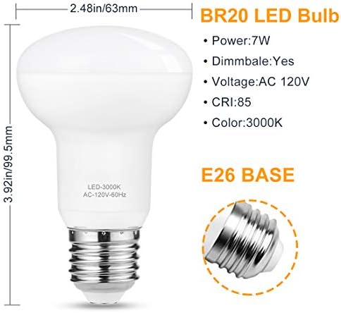 Led лампа BR20 Dimmable - еквивалент на 65 W, 7 W R20 E26 База 3000K Топъл бял 700 Лумена, опаковка от 4