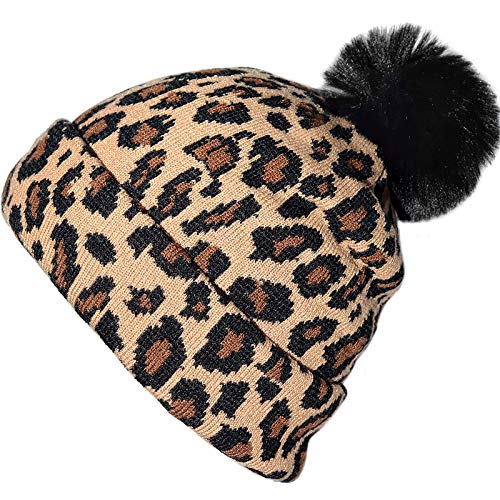 XYIYI Kids Soft Cheetah Knit Beanie Шапка с Леопард Pattern and Fur Pom for Boys Girls