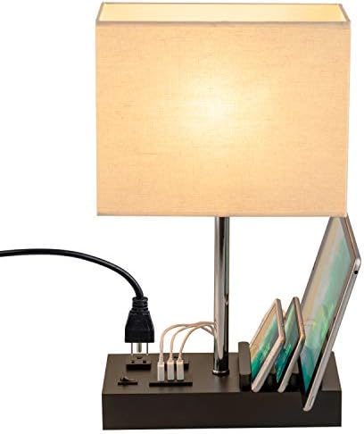 Настолна лампа Dreamholder с 3 USB порта за зареждане, 2 розетки на променлив ток и 3 щанд за телефони, Модерна USB-настолна лампа с черен дървена основа и крем ленено абажуром