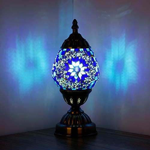 Marrakech Turkish Table Lamp Собственоръчно Mosaic Glass Egg Shaped Moroccan Фенер Decorative Desk Night Light for Спалня Living Room with E12 LED Bulb (Blue)