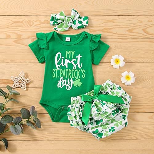 Baby Girl My First St patrick ' s Day Outfit Разчорлям Bodysuit Cake Smash Shorts Headband Clover Clothes