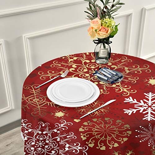 ZZKKO Коледа Снежинка Кръгли Покривки 60 Happy New Year Circular Table Linen Cloth Cover Мрежеста Дантела Washable Polyester for Dinner Party Holiday Home Decor
