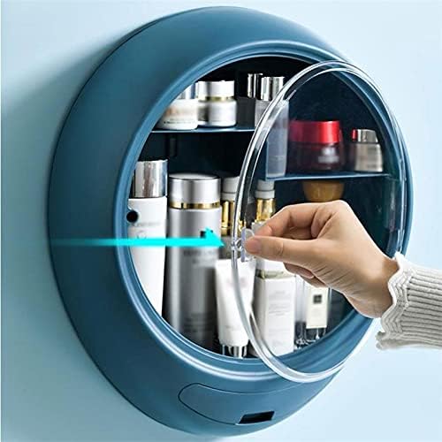 CHNOOI Wall Hanging Makeup Storage Box Drawer Type Bathroom Makeup Organizer Plastic Transparent Punch Dustproof Cosmetic Box (Цвят : синьо)