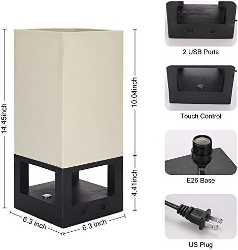 Нощна Сензорна Лампа с Два USB-Порта, Boncoo Dimmable Touch Control Nightstand Lamp Square Fabric Shade and Wooden Base